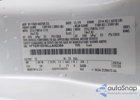 2020 Ford Ranger Xl z USA, uszkodzony, nr VIN 1FTER1EH8LLA02386